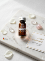 ميزوثيرابي جلوتا برايت من ميدي كيو على رخام أبيض مع بتلات ورد، منتج ألماني لتفتيح البشرة.