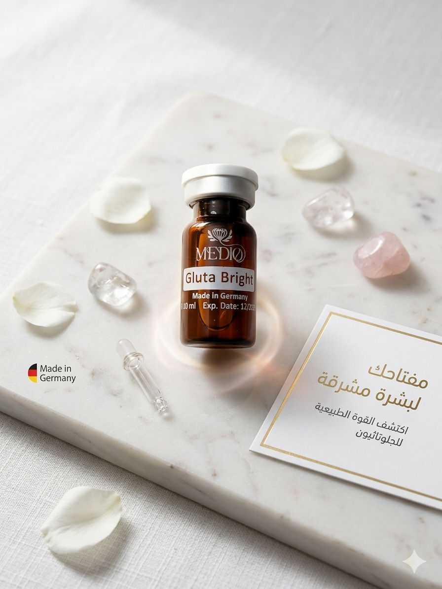 Gemini_Generated_Image_x0rh50x0rh50x0rh ميزوثيرابي جلوتا برايت من ميدي كيو على رخام أبيض مع بتلات ورد، منتج ألماني لتفتيح البشرة.